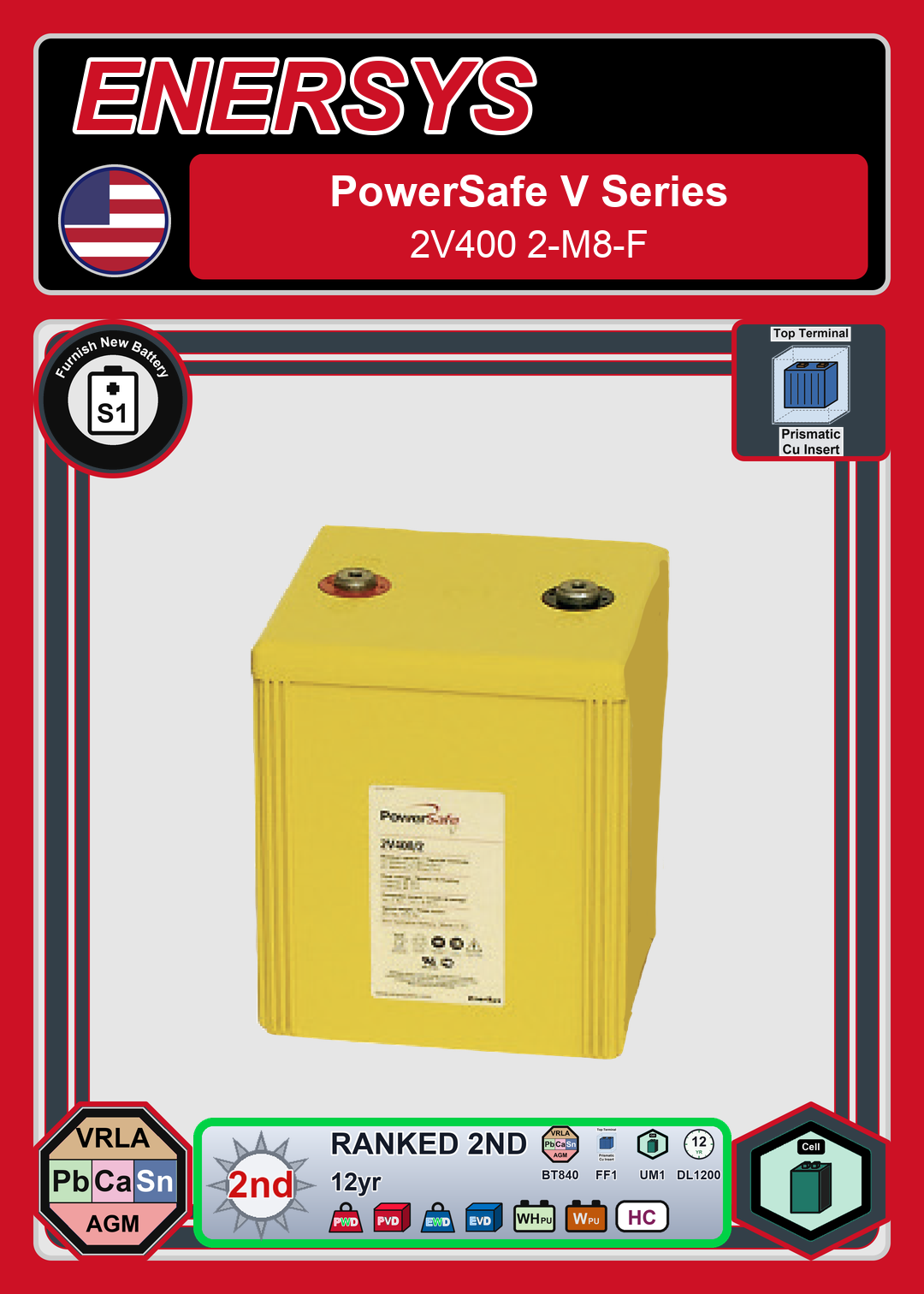 Furnish New Battery Enersys PowerSafe V Series 2V400 2 M8 F