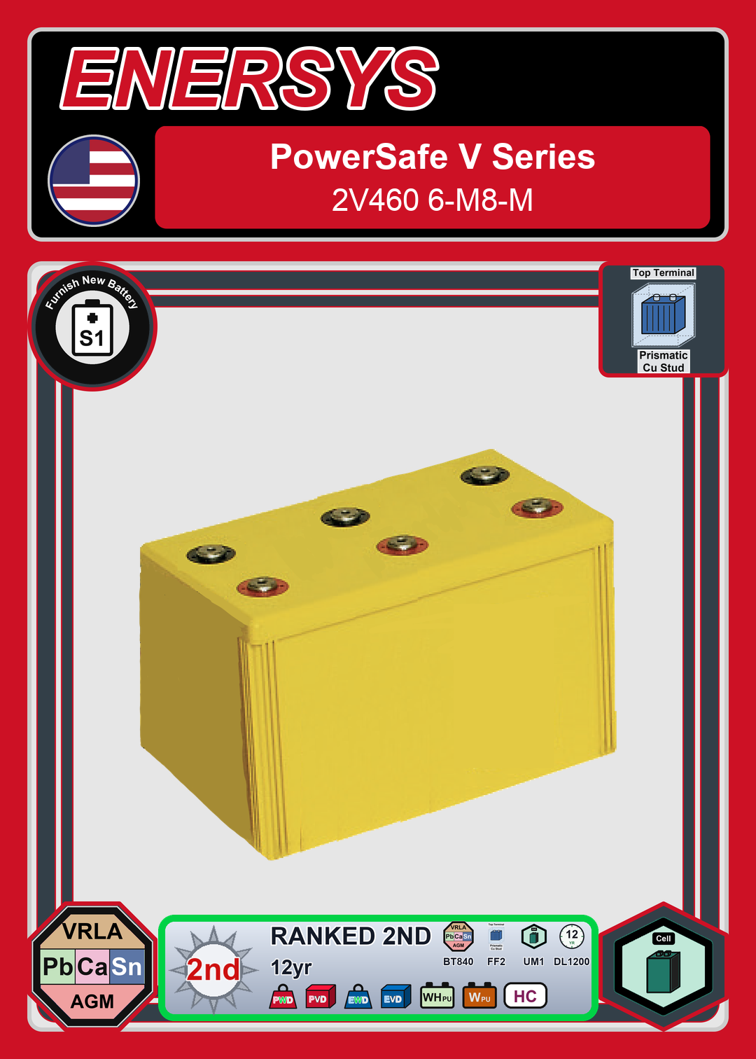 Furnish New Battery Enersys PowerSafe V Series 2V460 6 M8 M