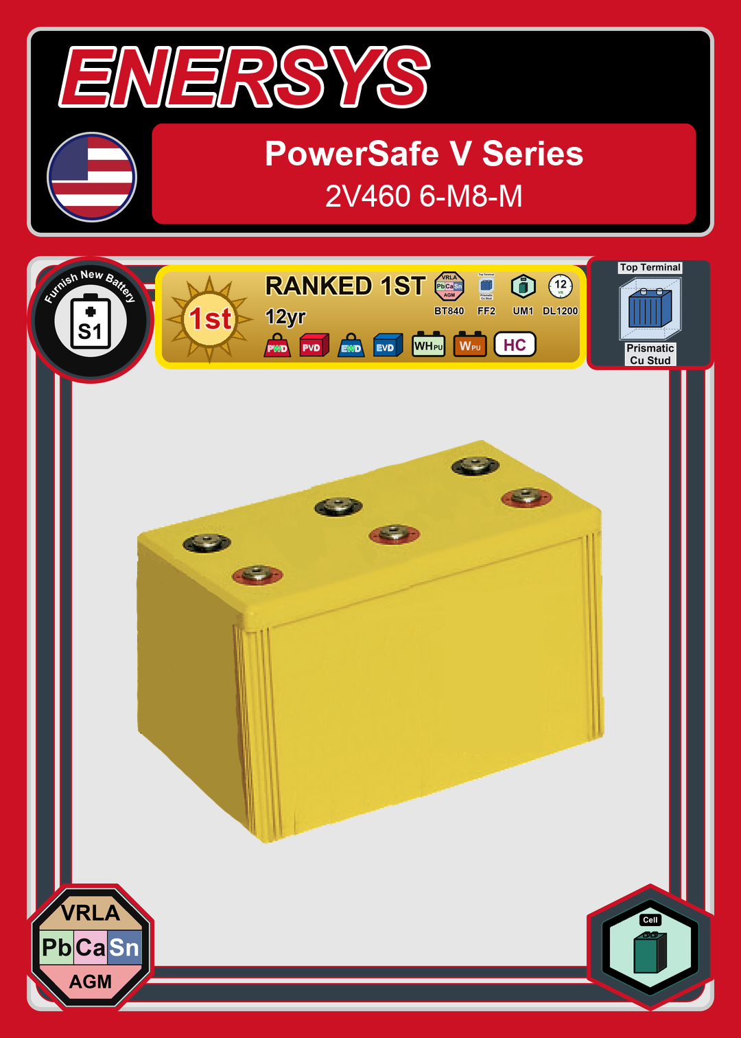 Furnish New Battery Enersys PowerSafe V Series 2V460 6 M8 M