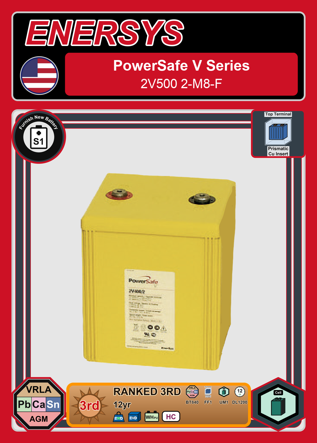 Furnish New Battery Enersys PowerSafe V Series 2V500 2 M8 F