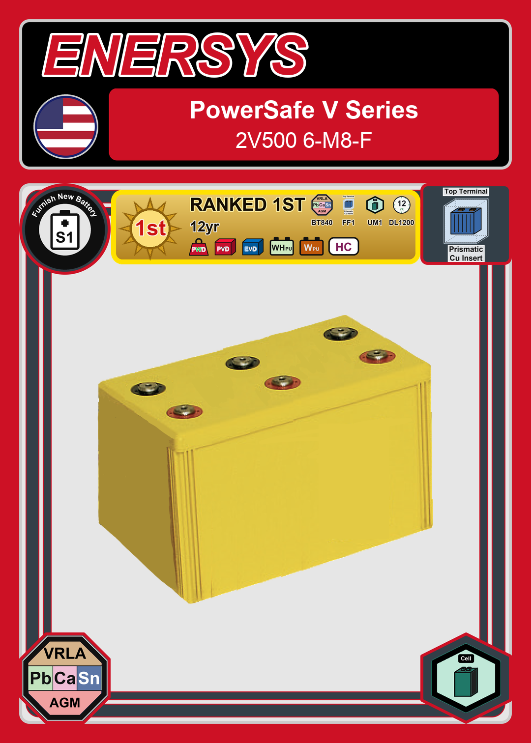 Furnish New Battery Enersys PowerSafe V Series 2V500 6 M8 F