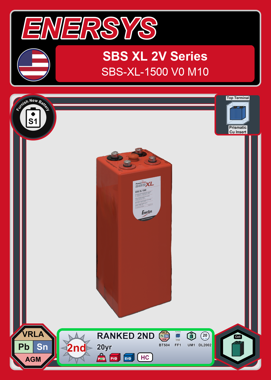 Furnish New Battery Enersys SBS XL 2V Series SBS XL 1500 V0 M10