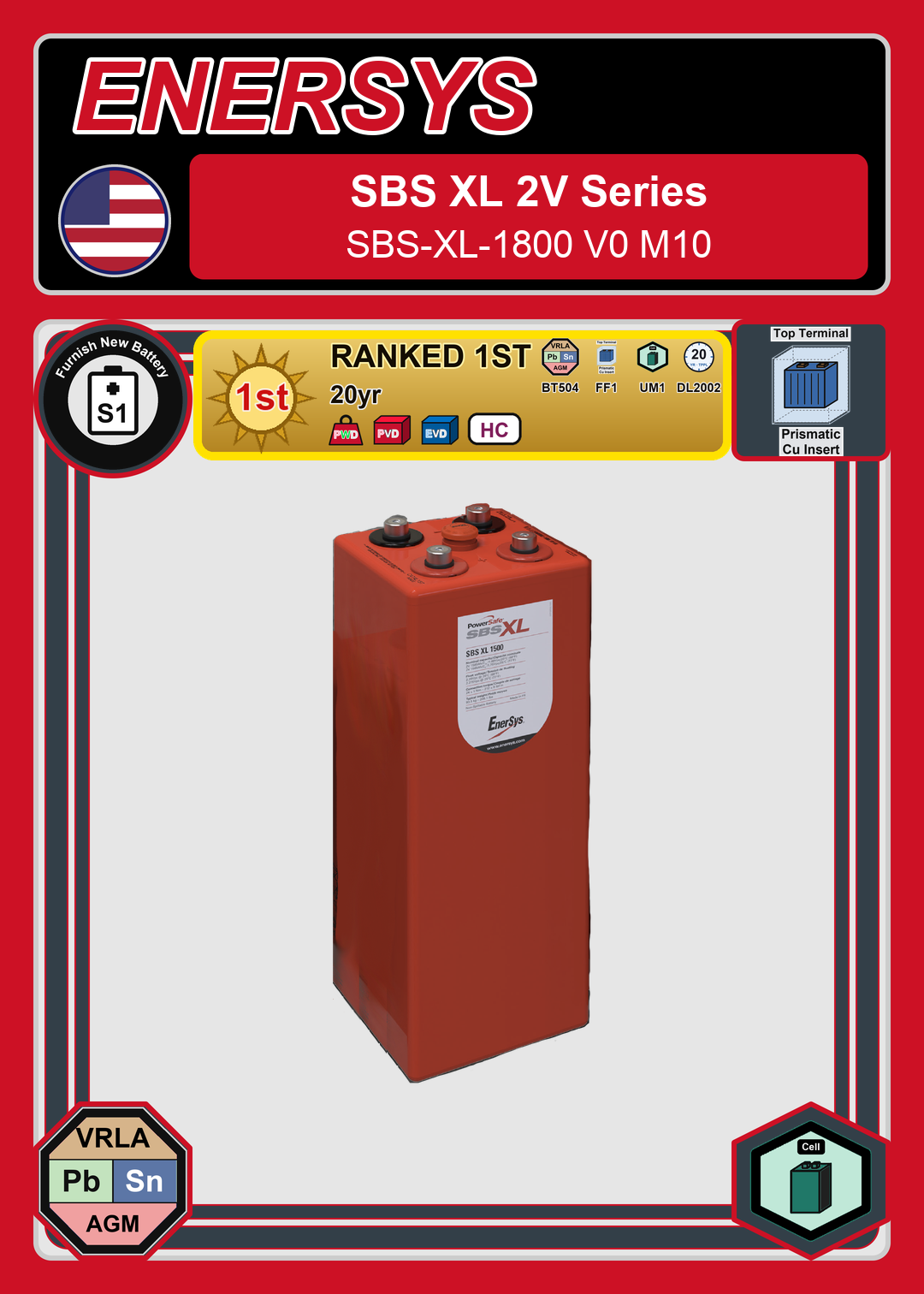 Furnish New Battery Enersys SBS XL 2V Series SBS XL 1800 V0 M10