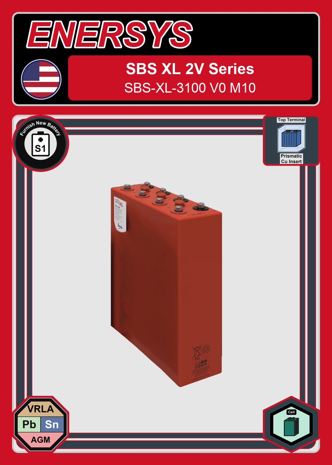 Furnish New Battery Enersys SBS XL 2V Series SBS XL 3100 V0 M10