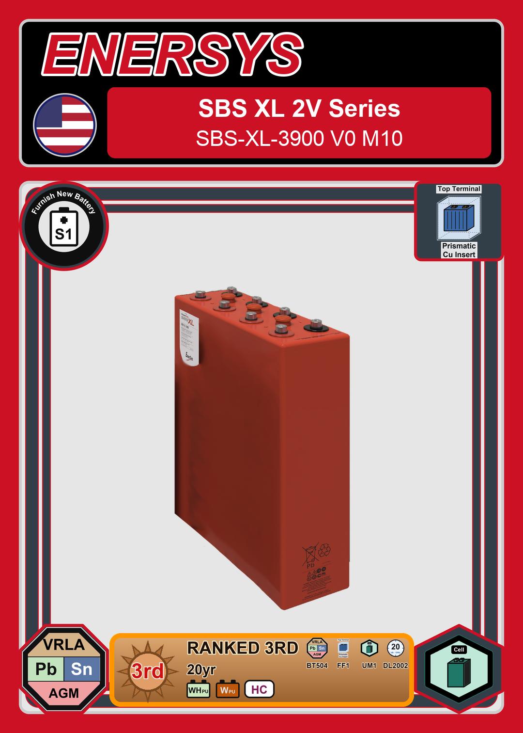 Furnish New Battery Enersys SBS XL 2V Series SBS XL 3900 V0 M10