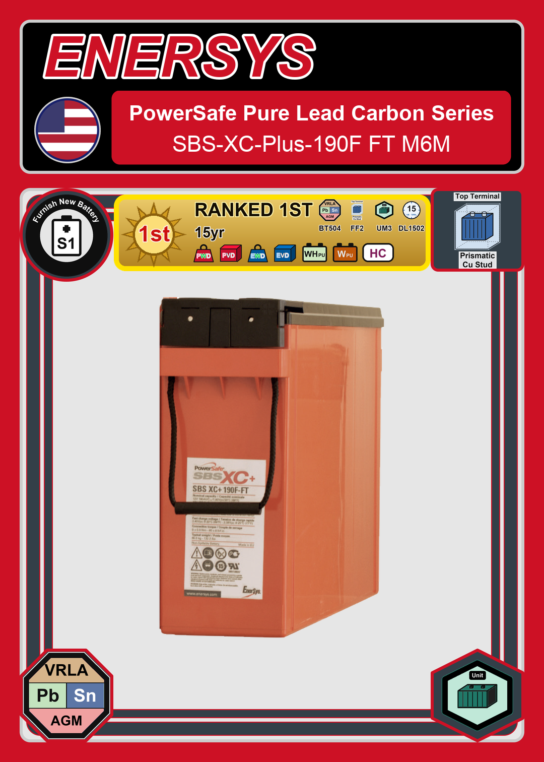 Furnish New Battery Enersys PowerSafe Pure Lead Carbon Series SBS XC Plus 190F FT M6M
