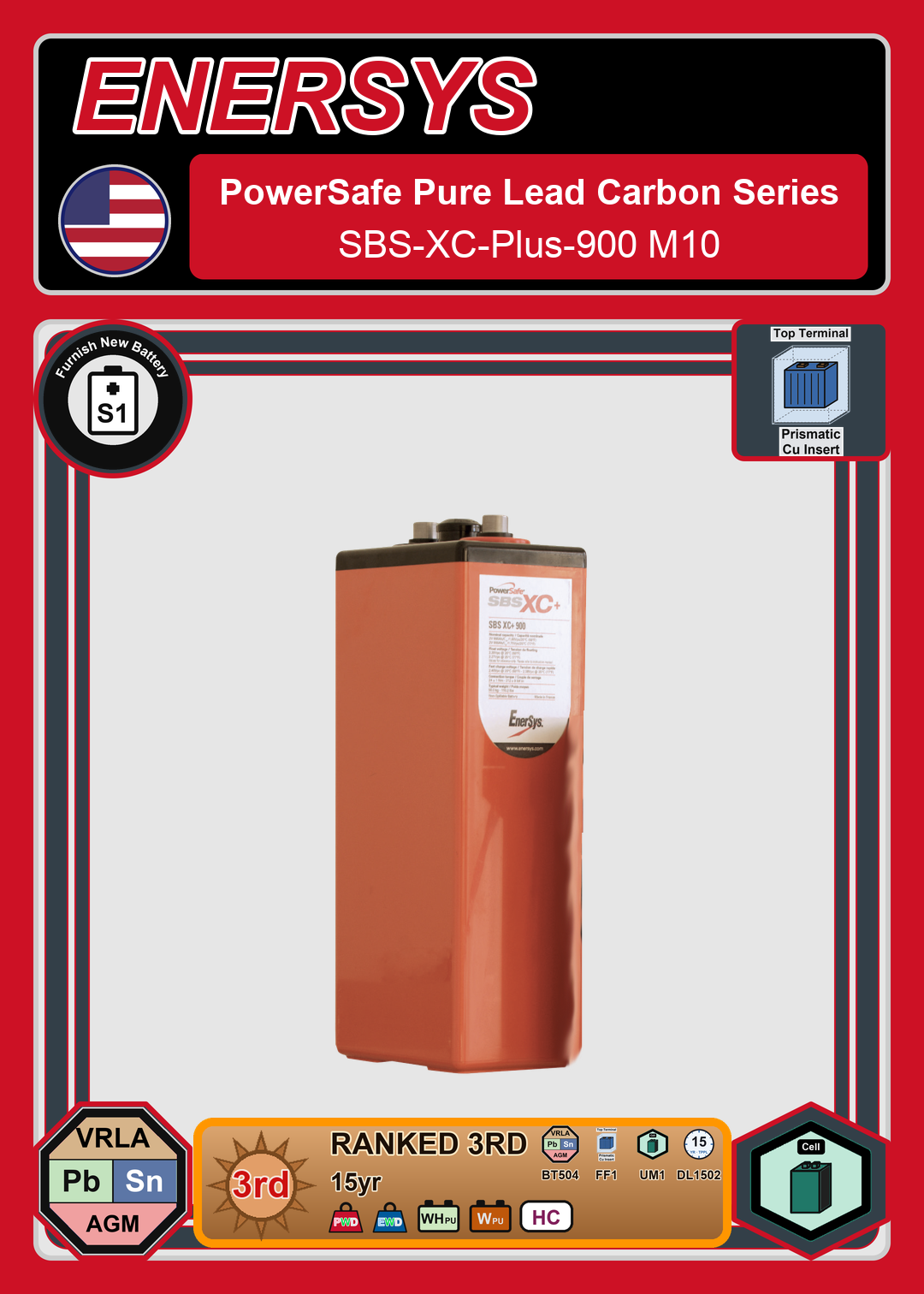 Furnish New Battery Enersys PowerSafe Pure Lead Carbon Series SBS XC Plus 900 M10