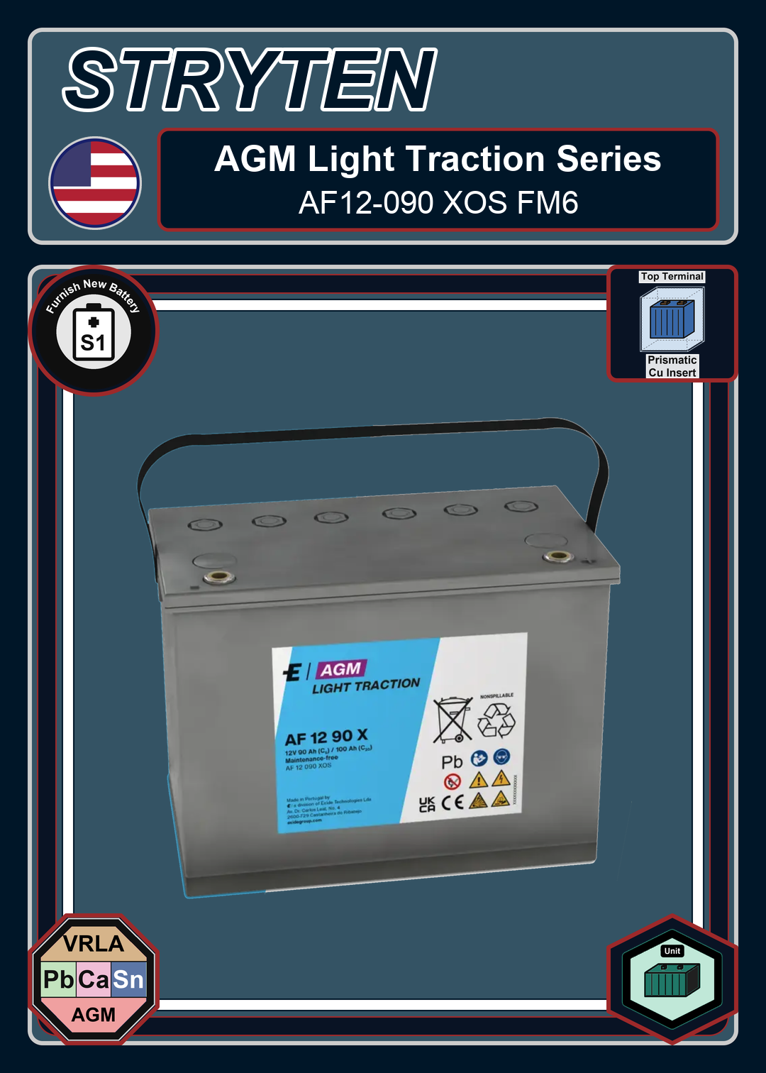 Furnish New Battery Exide Battery AGM Light Traction AF12 090 XOS FM6