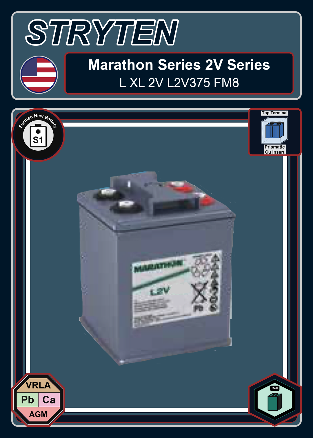 Furnish New Battery Exide Battery Marathon L XL 2V L2V375 FM8