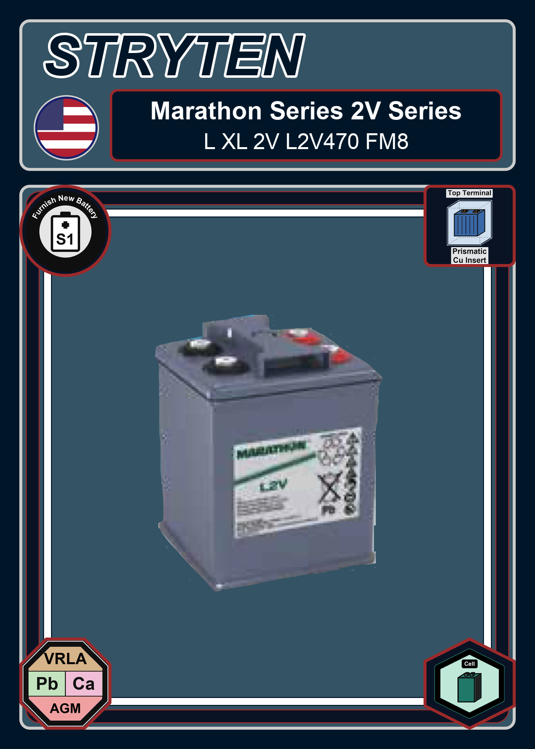 Furnish New Battery Exide Battery Marathon L XL 2V L2V470 FM8