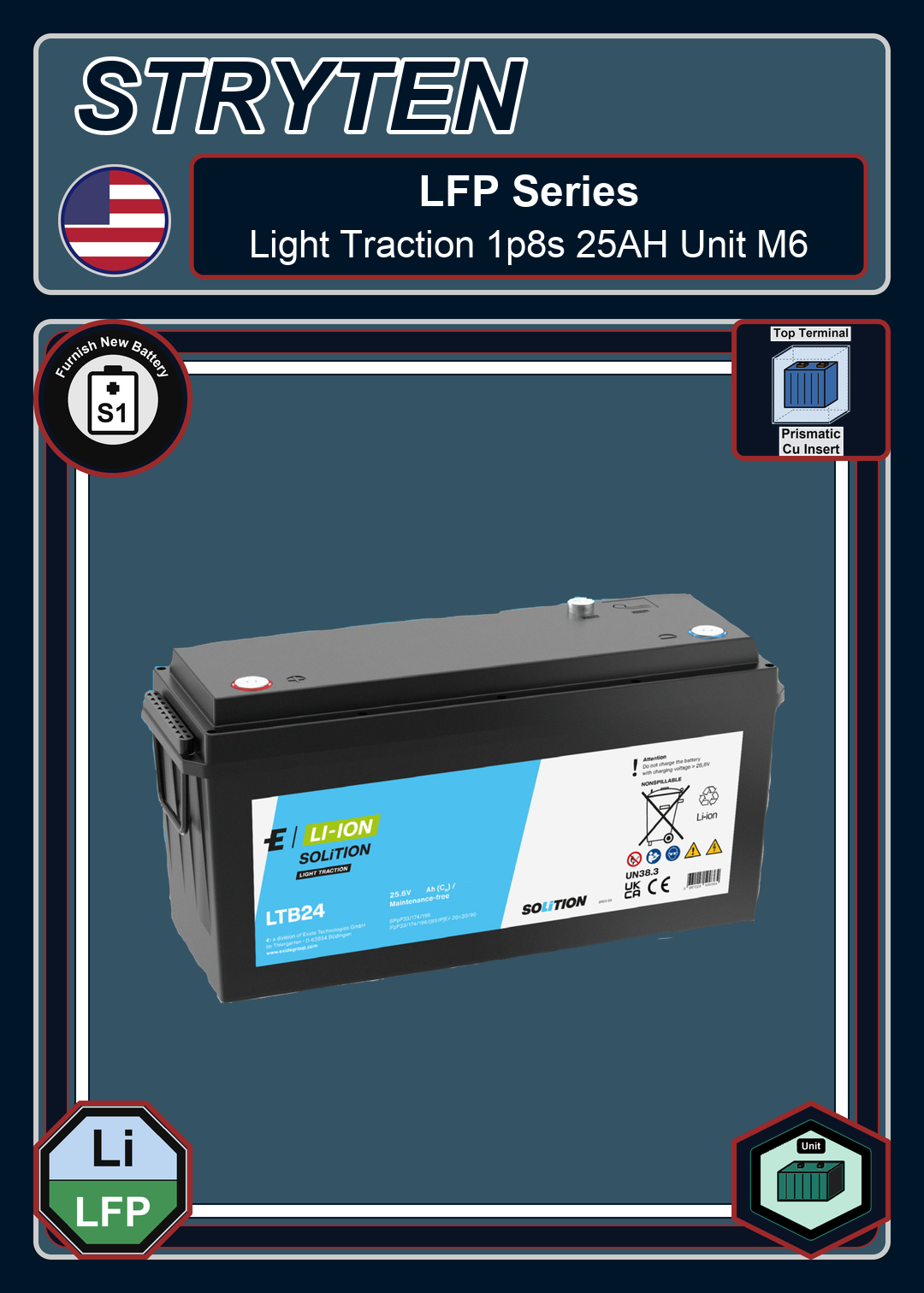 Furnish New Battery Exide Battery LFP Solition Light Traction 1p8s 25AH Unit M6
