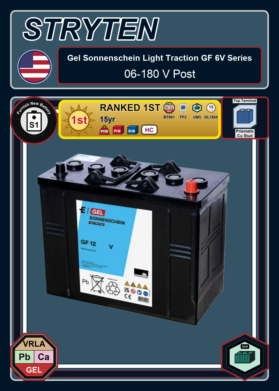 Furnish New Battery Exide Battery Gel Sonnenschein Light Traction GF 06 180 V Post