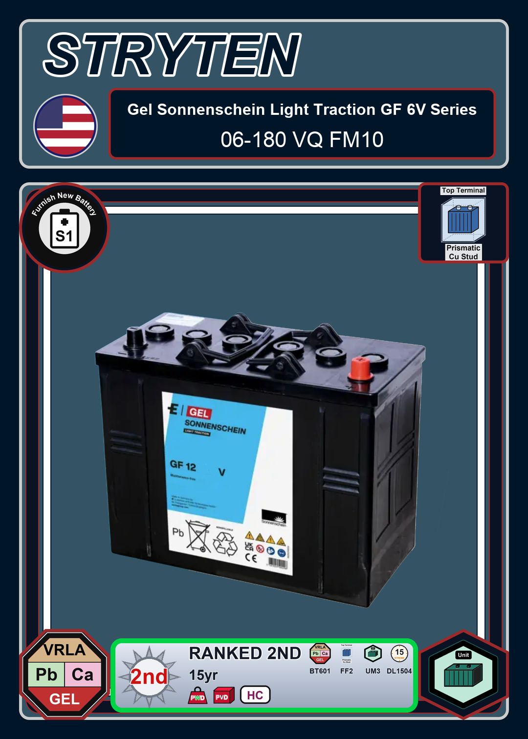 Furnish New Battery Exide Battery Gel Sonnenschein Light Traction GF 06 180 VQ FM10