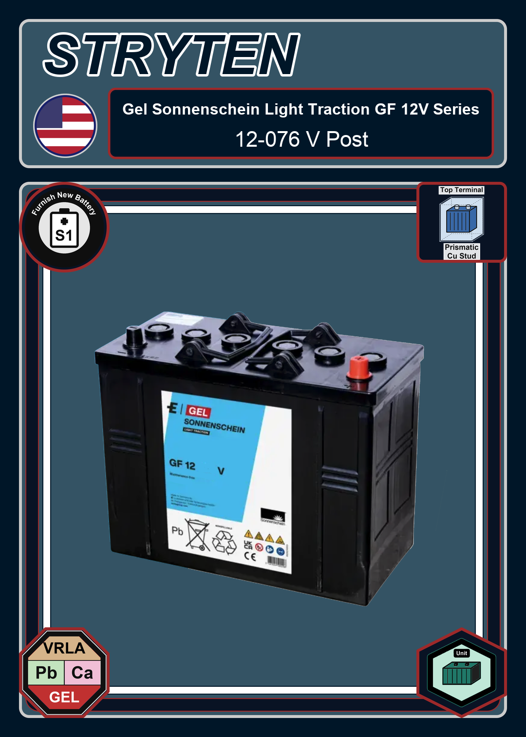 Furnish New Battery Exide Battery Gel Sonnenschein Light Traction GF 12 076 V Post