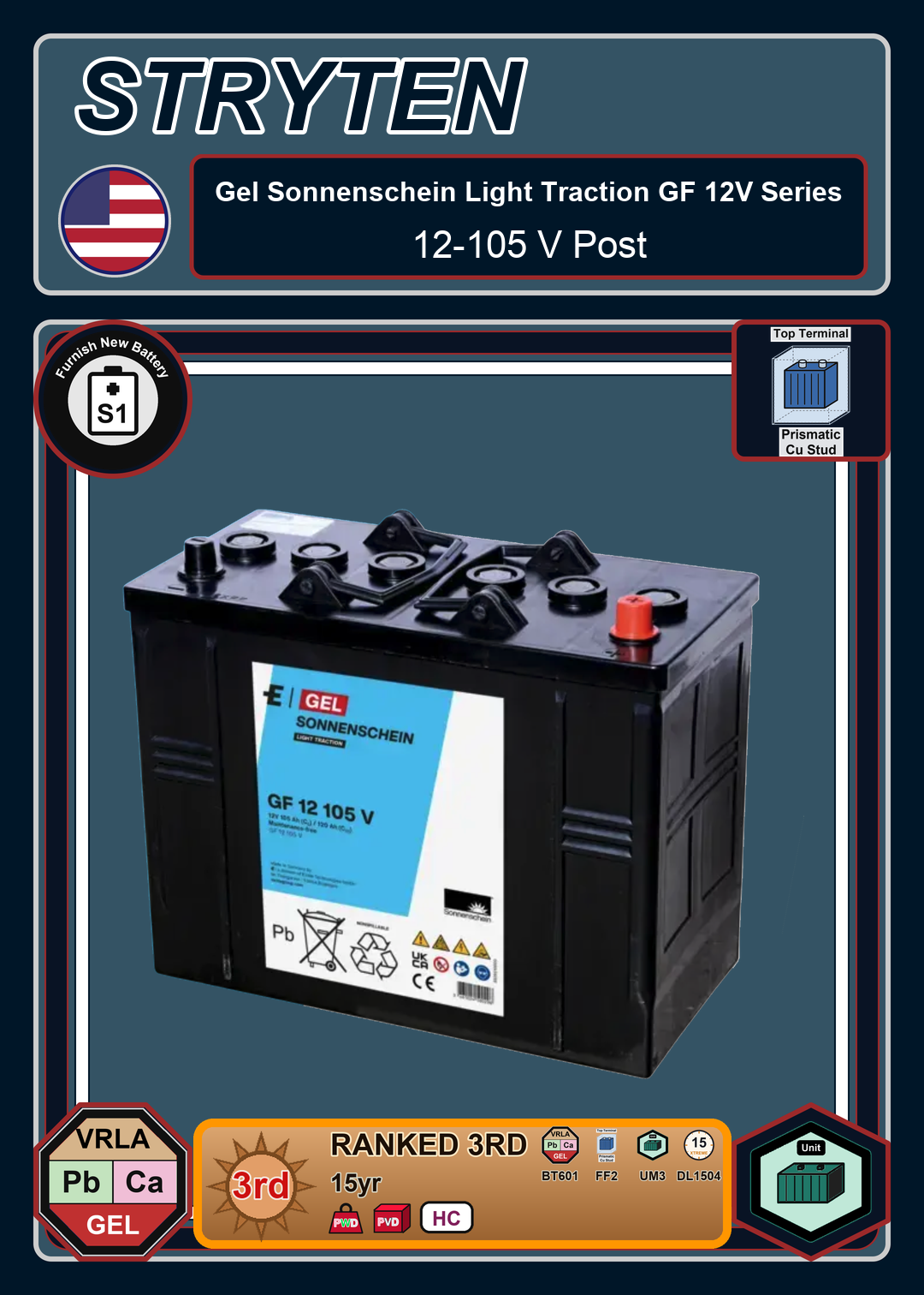 Furnish New Battery Exide Battery Gel Sonnenschein Light Traction GF 12 105 V Post