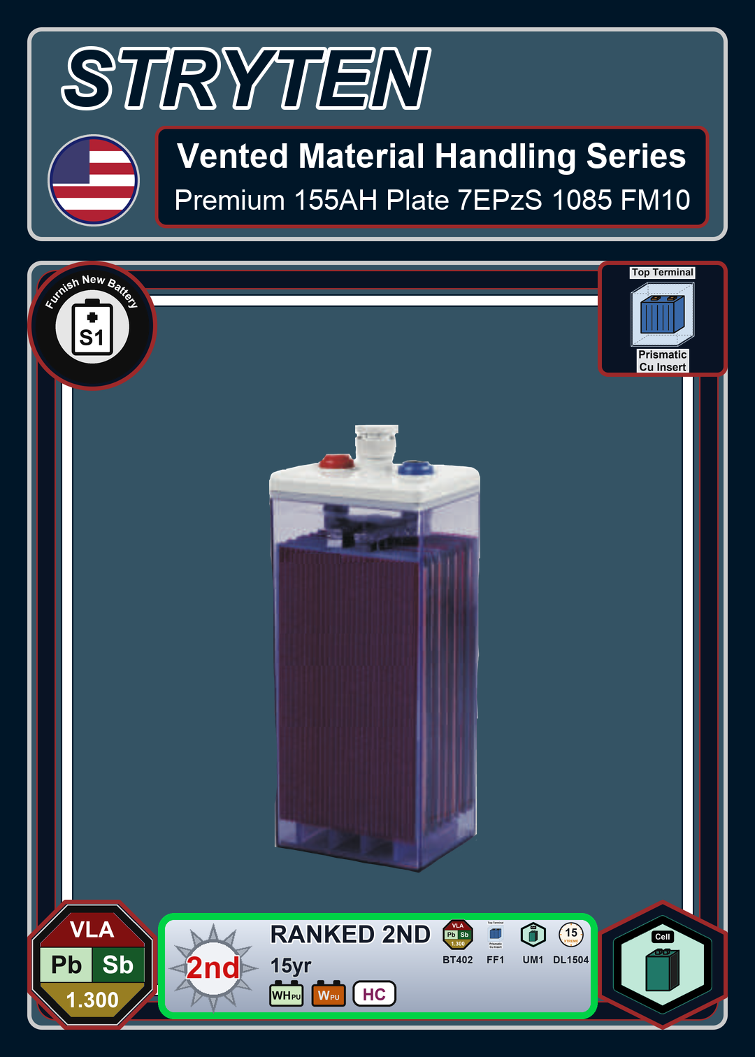 Furnish New Battery Exide Battery Vented Material Handling Premium 155AH Plate 7EPzS 1085 FM10