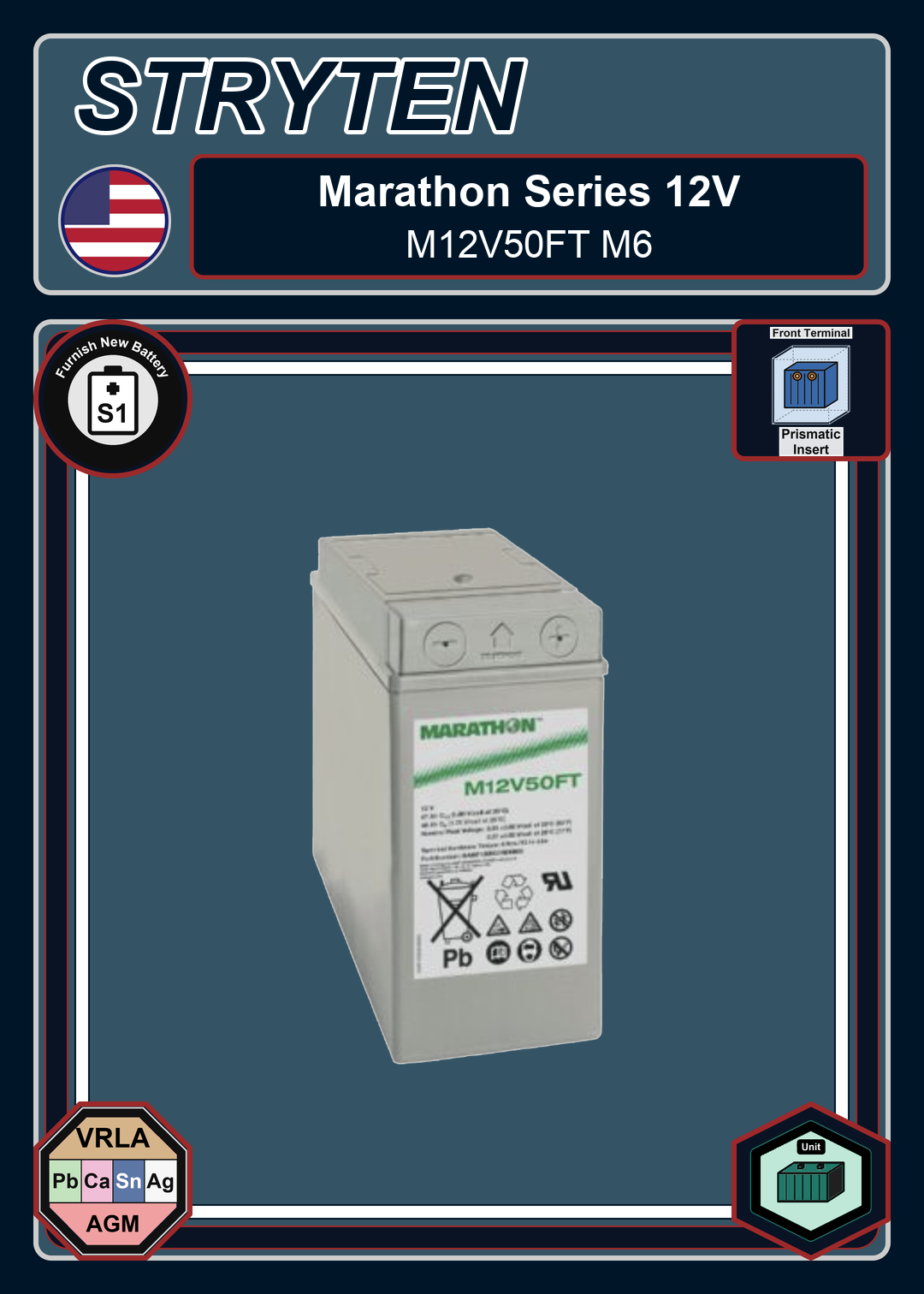 Furnish New Battery Exide GNB Marathon FT Series M12V50FT M6