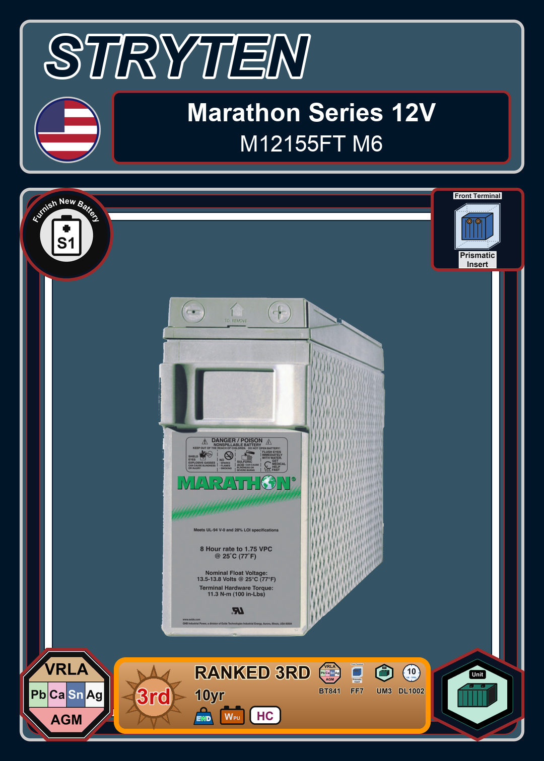 Furnish New Battery Exide GNB Marathon FT Series M12155FT M6