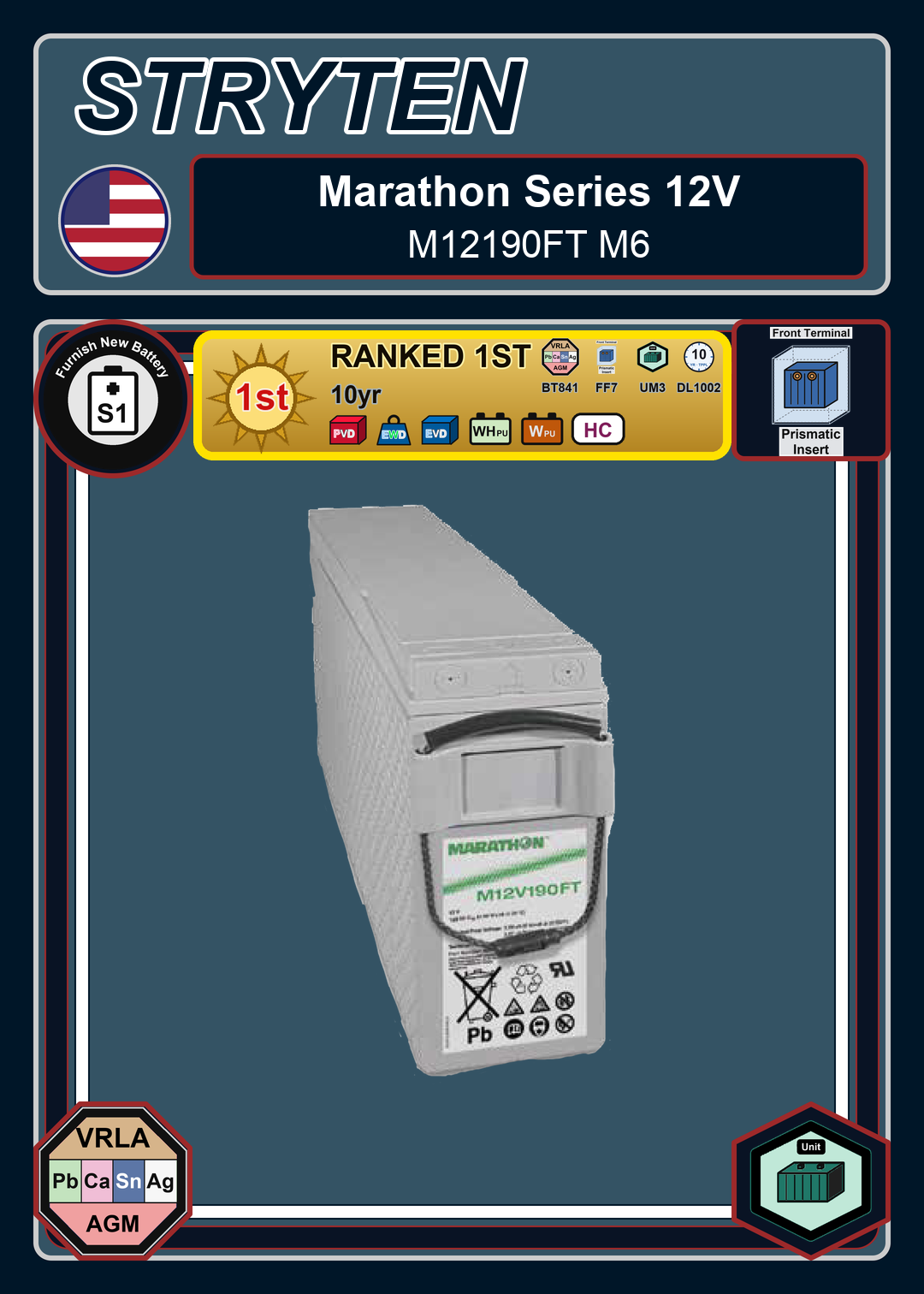 Furnish New Battery Exide GNB Marathon FT Series M12190FT M6