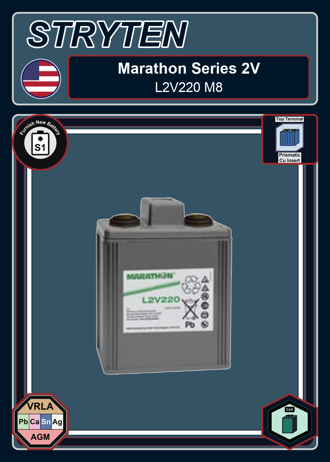Furnish New Battery Exide GNB Marathon 2V Series L2V220 M8