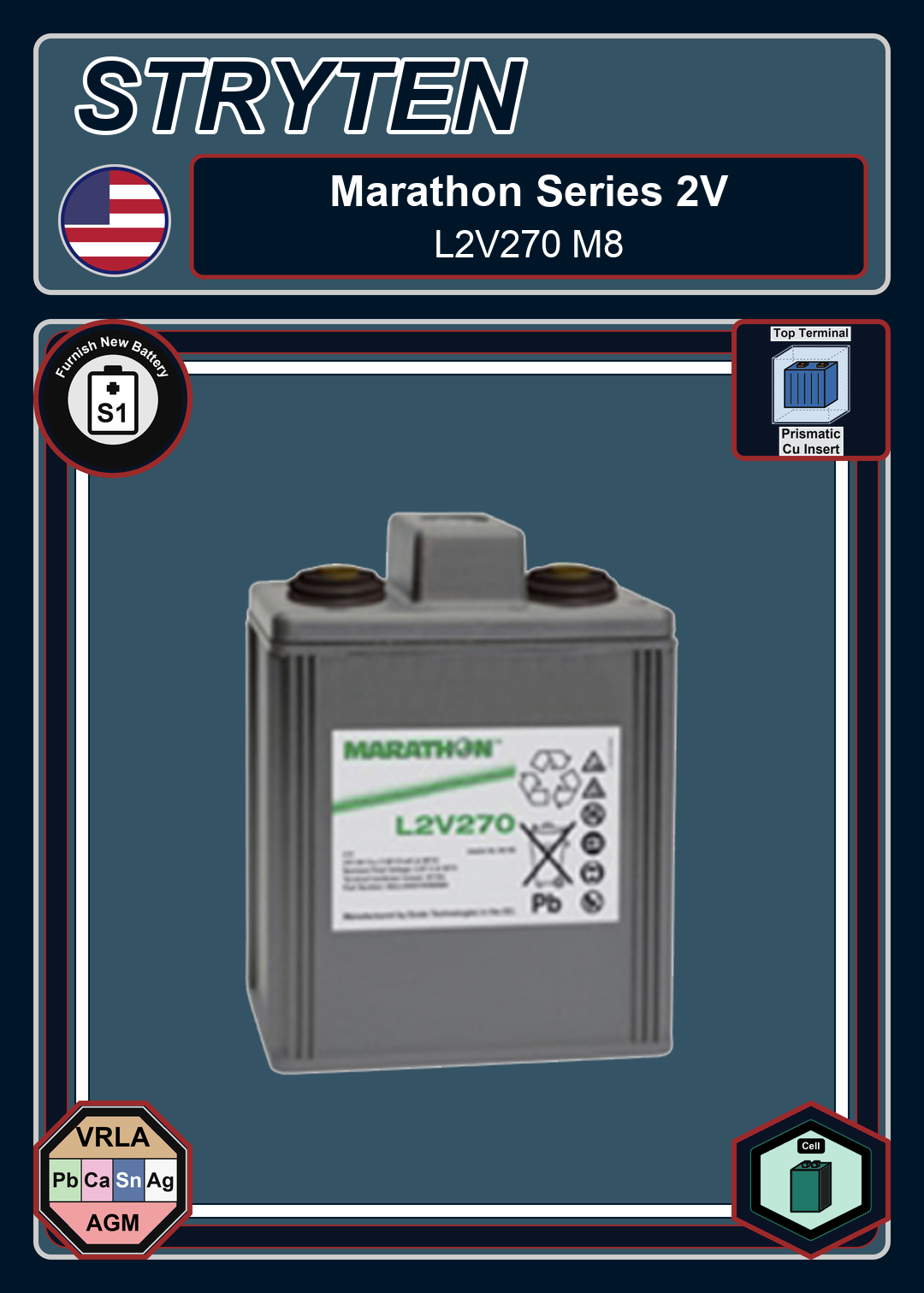 Furnish New Battery Exide GNB Marathon 2V Series L2V270 M8