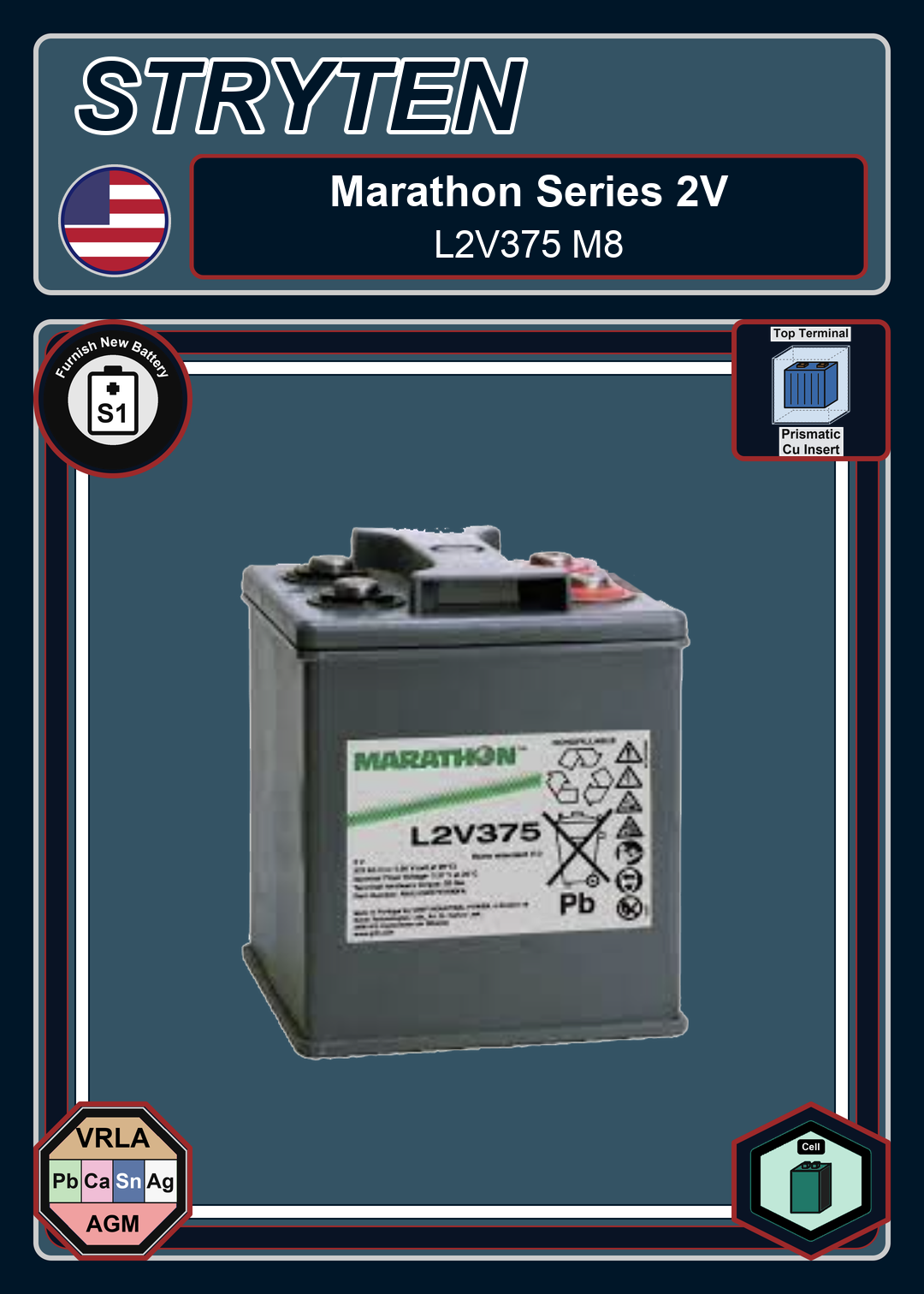Furnish New Battery Exide GNB Marathon 2V Series L2V375 M8