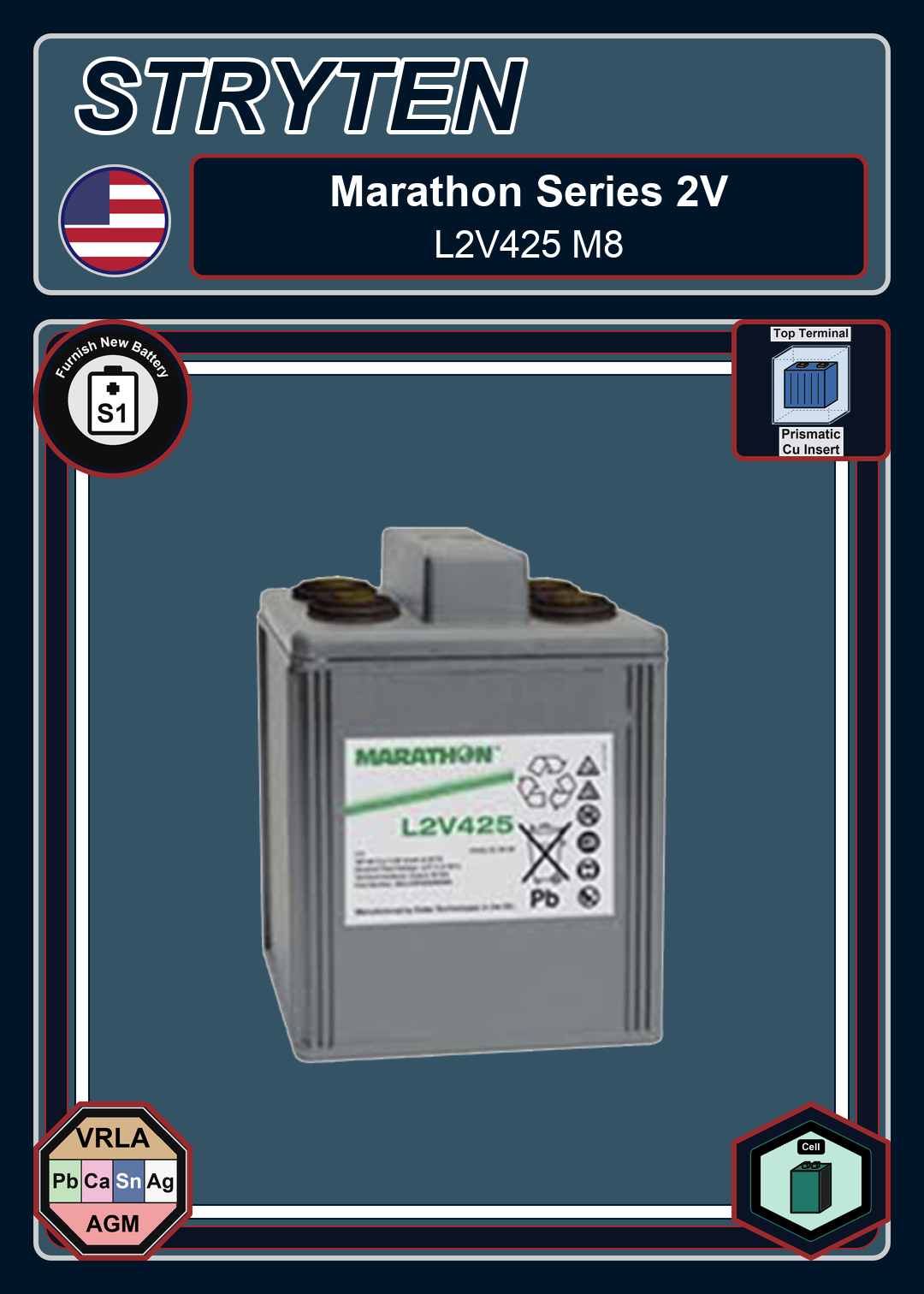 Furnish New Battery Exide GNB Marathon 2V Series L2V425 M8