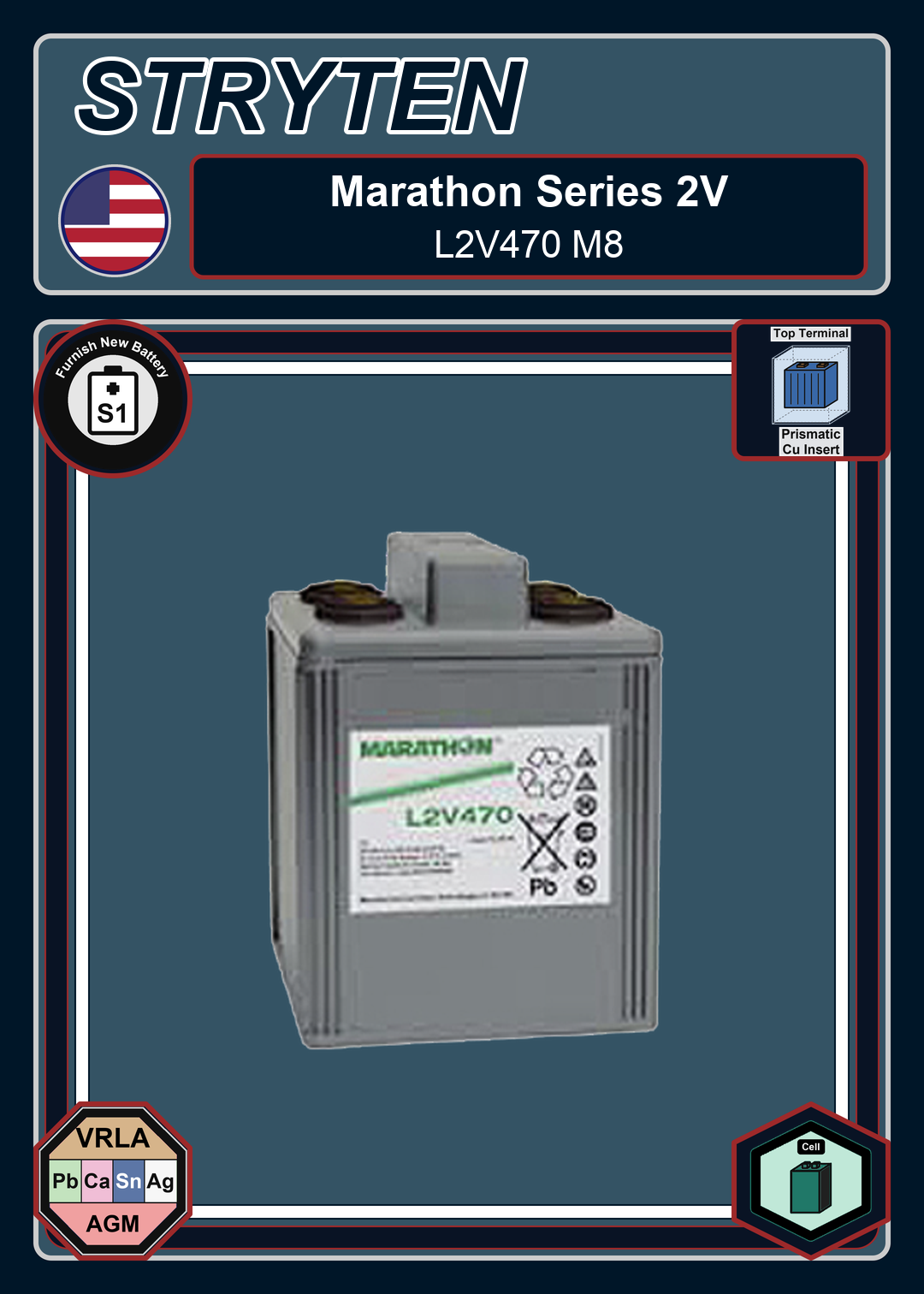 Furnish New Battery Exide GNB Marathon 2V Series L2V470 M8
