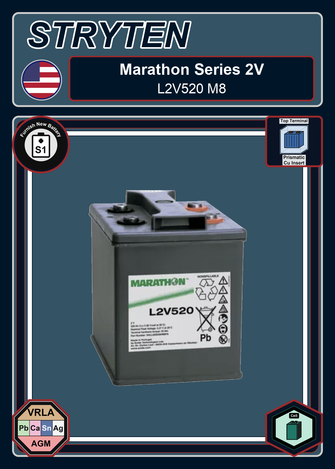 Furnish New Battery Exide GNB Marathon 2V Series L2V520 M8