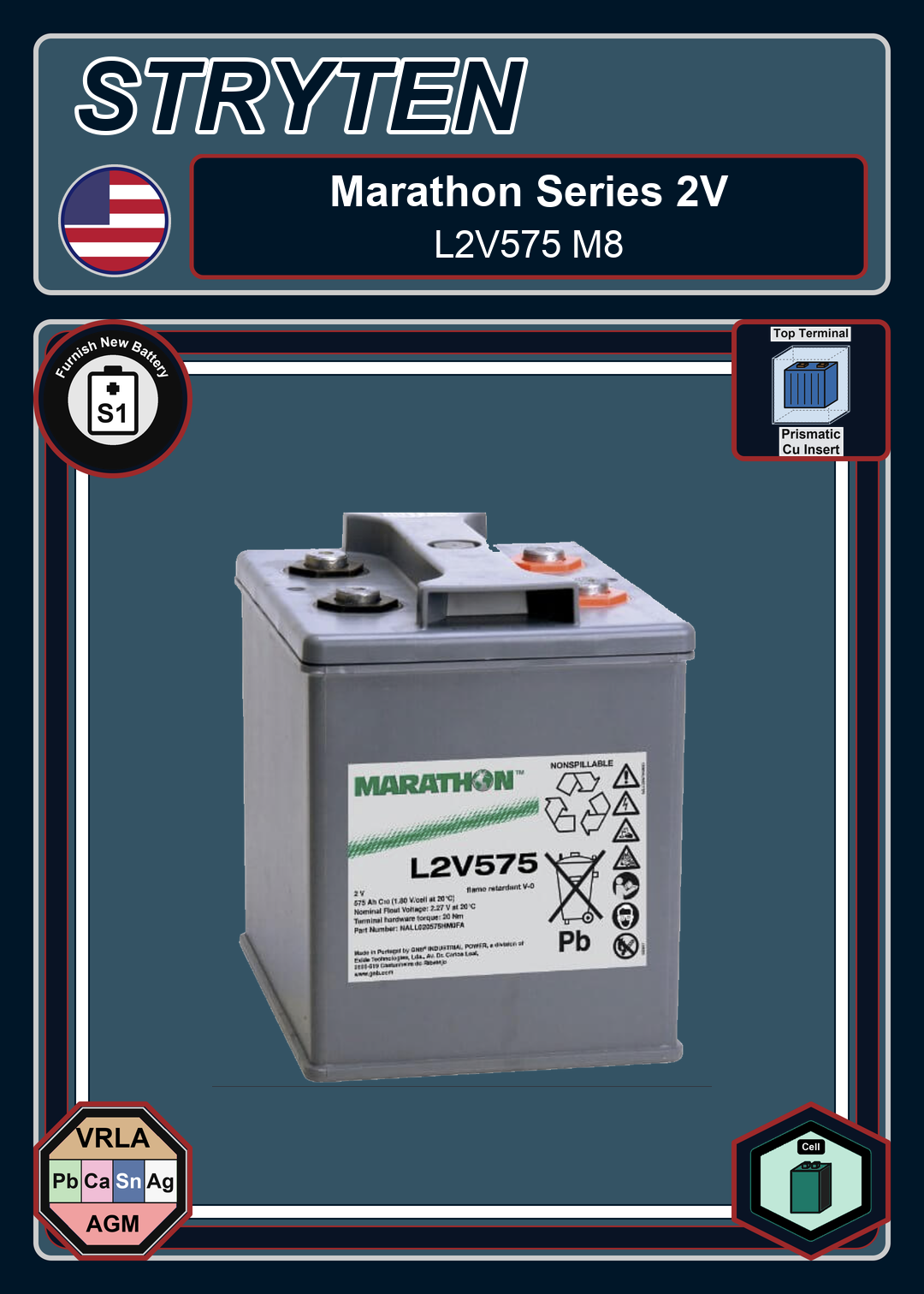 Furnish New Battery Exide GNB Marathon 2V Series L2V575 M8