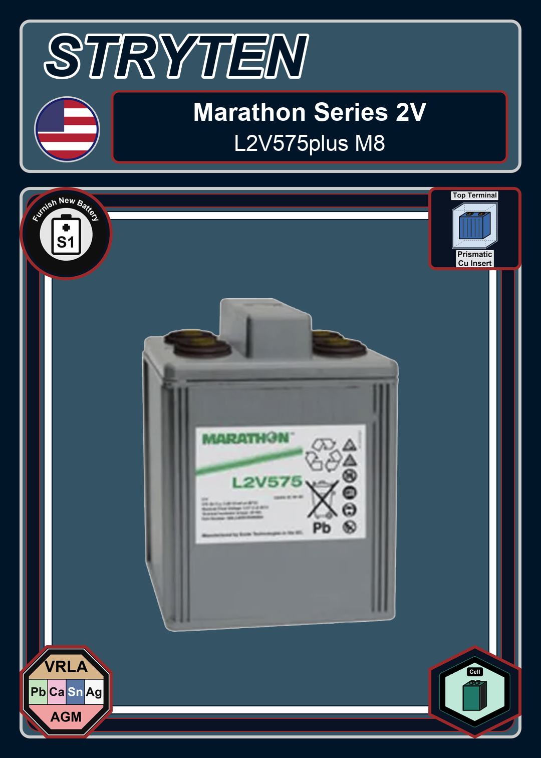 Furnish New Battery Exide GNB Marathon 2V Series L2V575plus M8