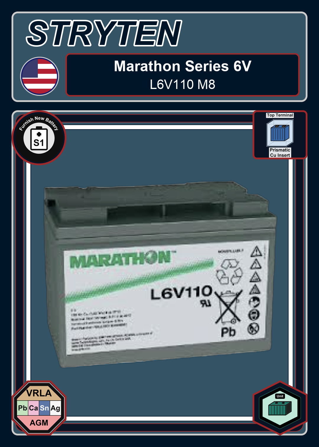 Furnish New Battery Exide GNB Marathon 6V Series L6V110 M8