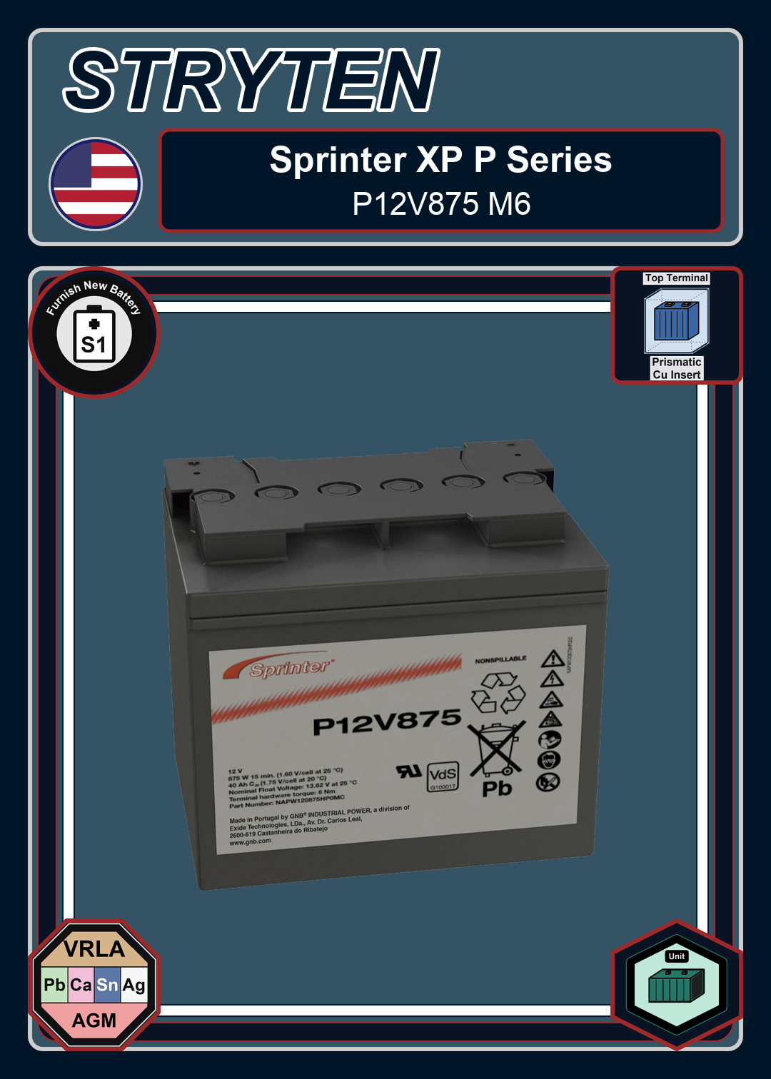 Furnish New Battery Exide GNB Sprinter XP P Series P12V875 M6
