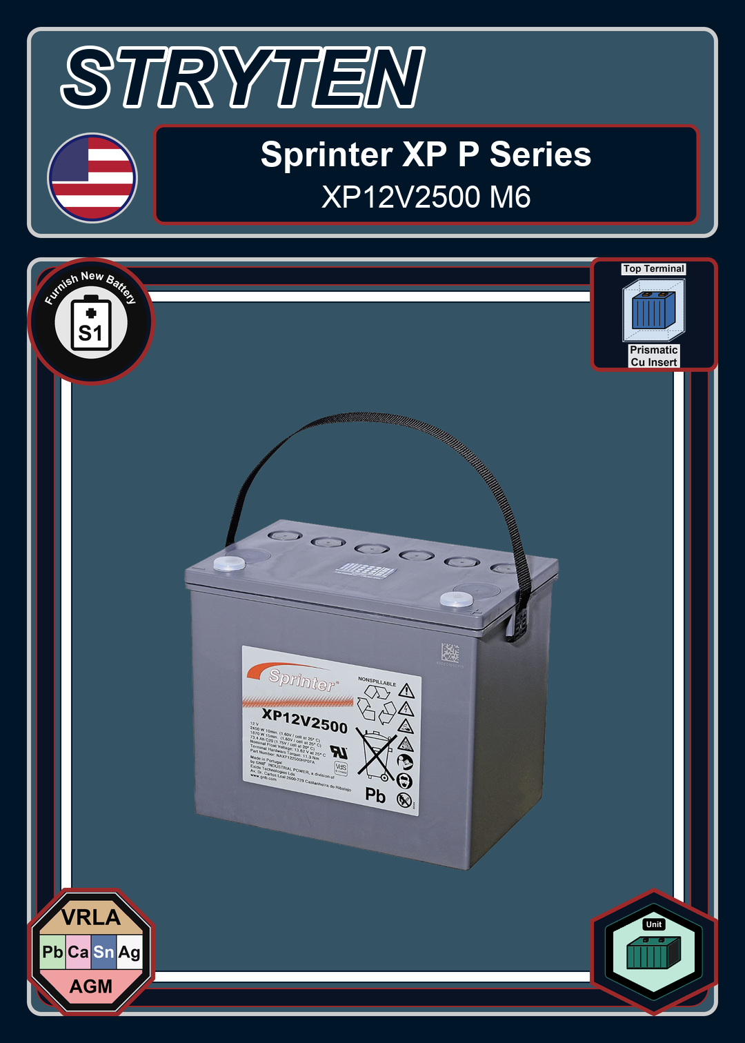 Furnish New Battery Exide GNB Sprinter XP P Series XP12V2500 M6