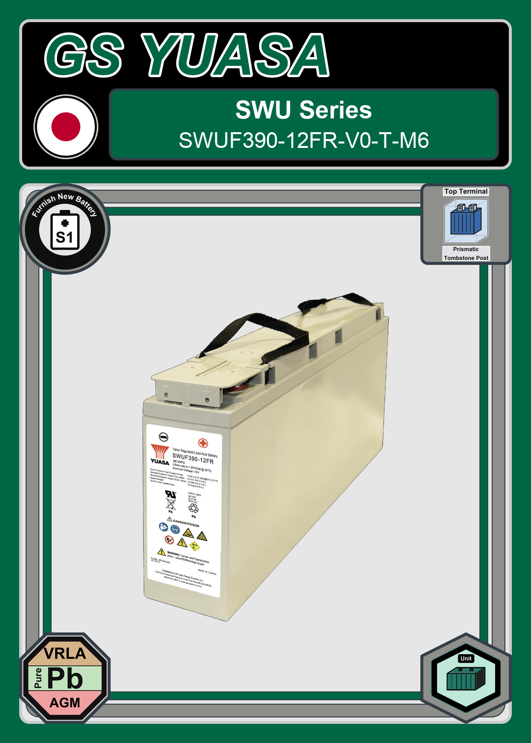 Furnish New Battery GS Yuasa SWU Series SWUF390 12FR V0 T M6