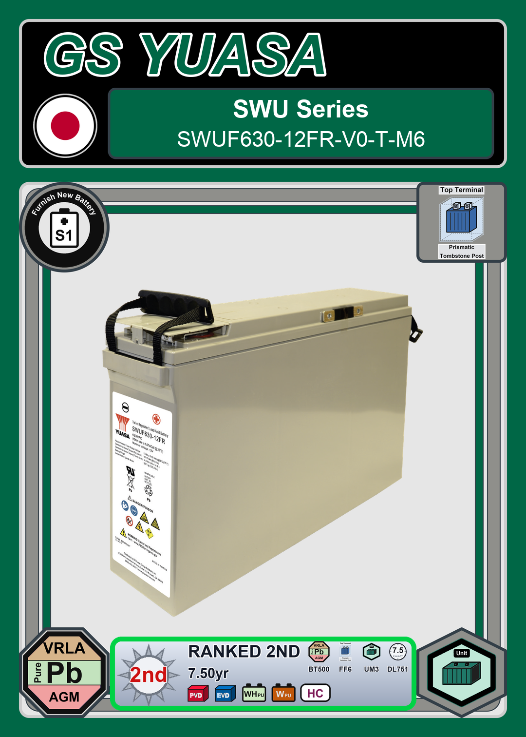 Furnish New Battery GS Yuasa SWU Series SWUF630 12FR V0 T M6