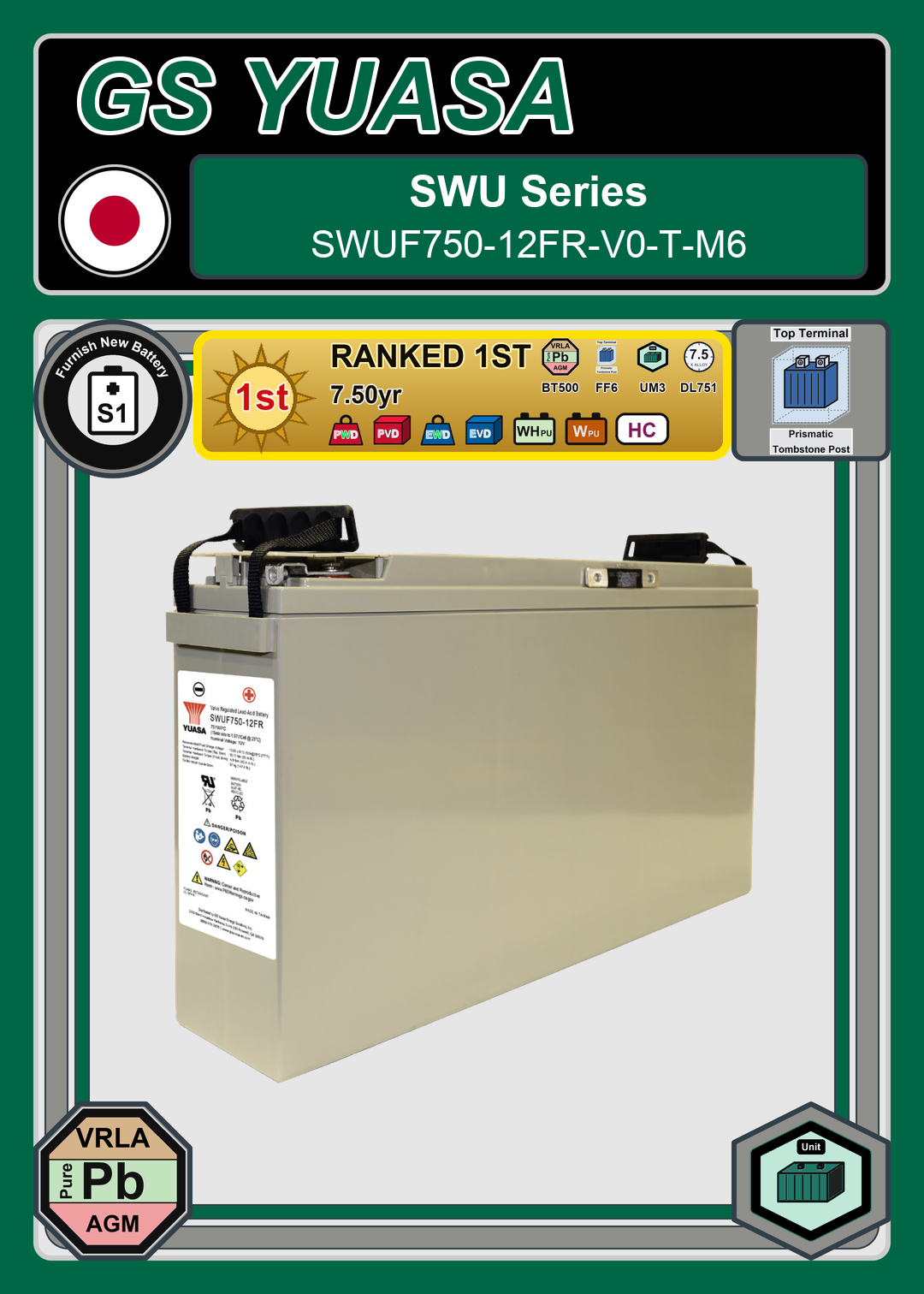 Furnish New Battery GS Yuasa SWU Series SWUF750 12FR V0 T M6