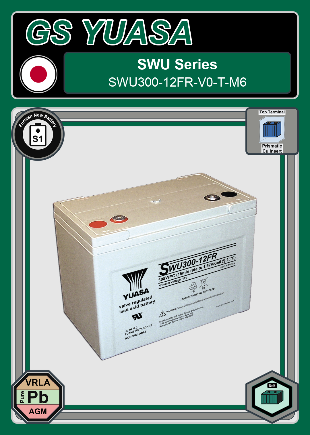 Furnish New Battery GS Yuasa SWU Series SWU300 12FR V0 T M6