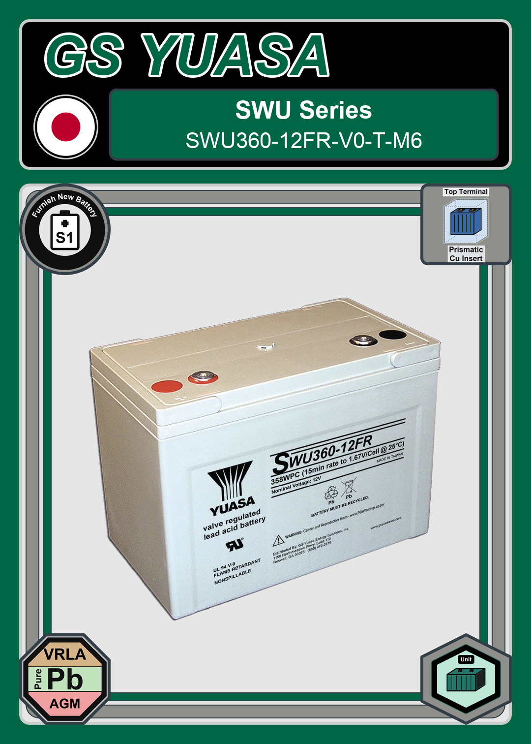Furnish New Battery GS Yuasa SWU Series SWU360 12FR V0 T M6