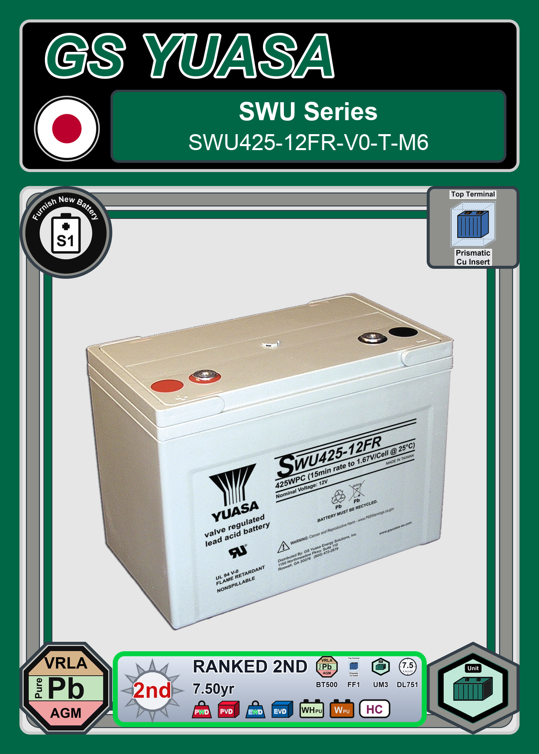 Furnish New Battery GS Yuasa SWU Series SWU425 12FR V0 T M6
