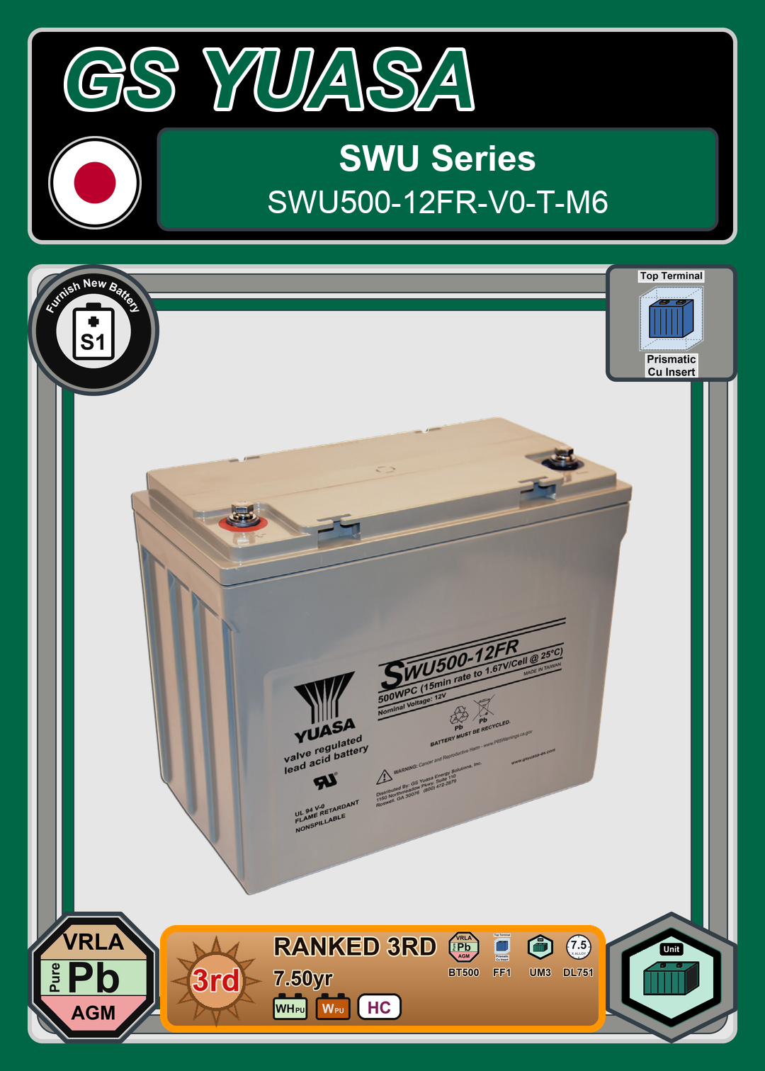 Furnish New Battery GS Yuasa SWU Series SWU500 12FR V0 T M6