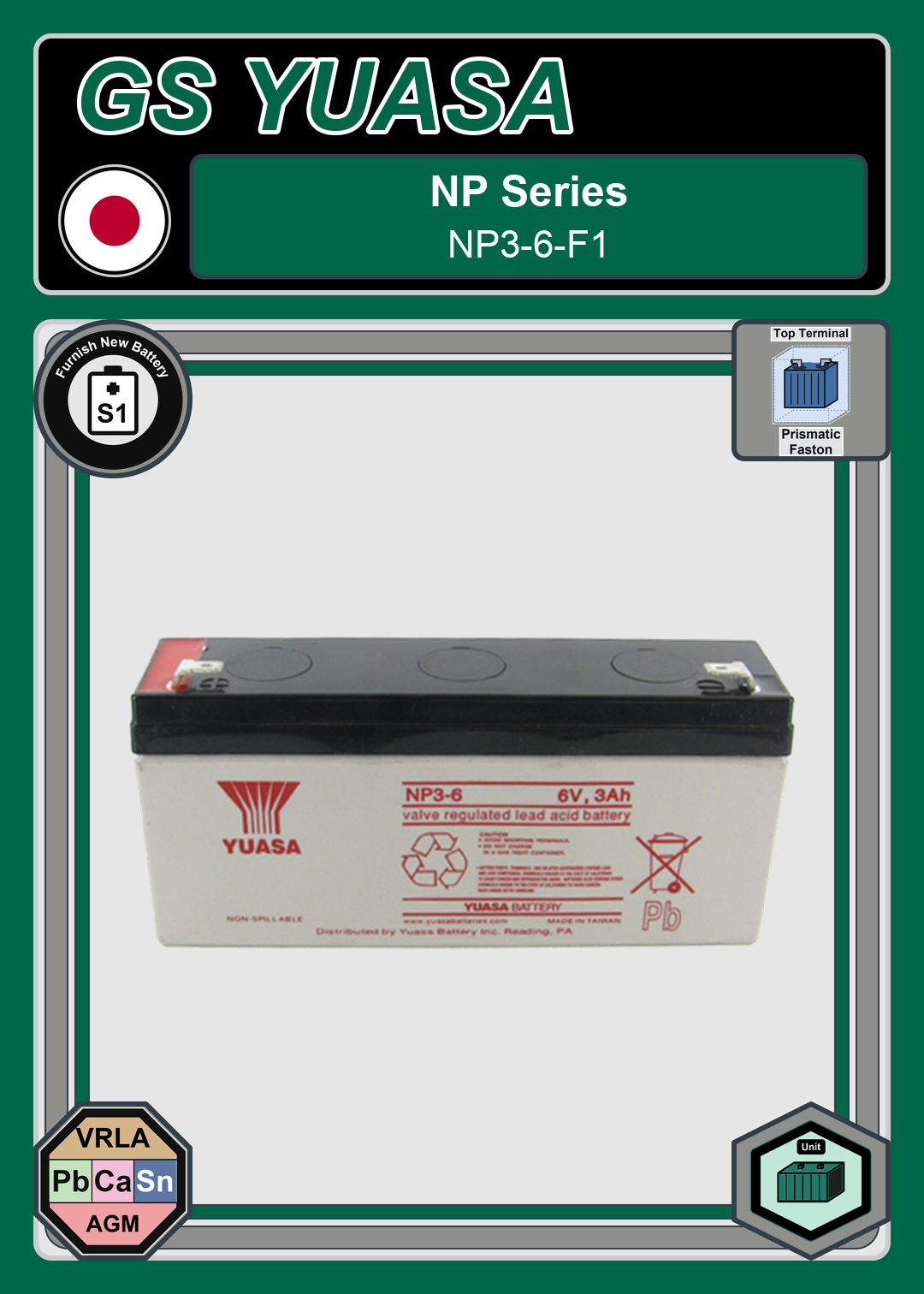 Furnish New Battery GS Yuasa NP Series NP3 6 F1