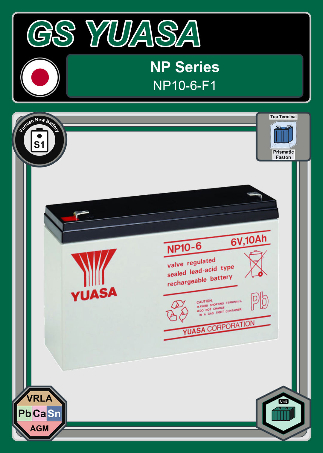 Furnish New Battery GS Yuasa NP Series NP10 6 F1