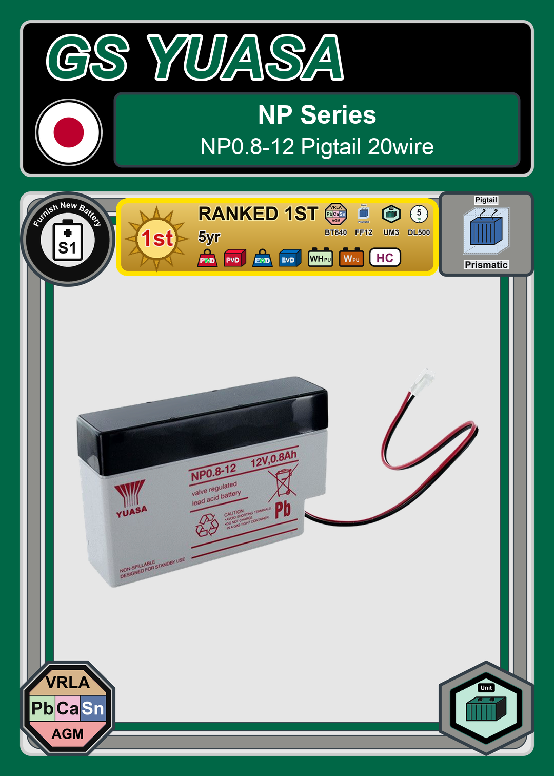 Furnish New Battery GS Yuasa NP Series NP0 8 12 Pigtail 20wire