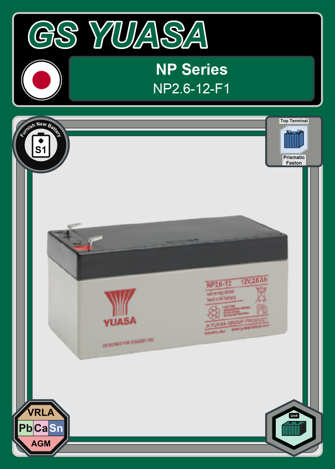Furnish New Battery GS Yuasa NP Series NP2 6 12 F1