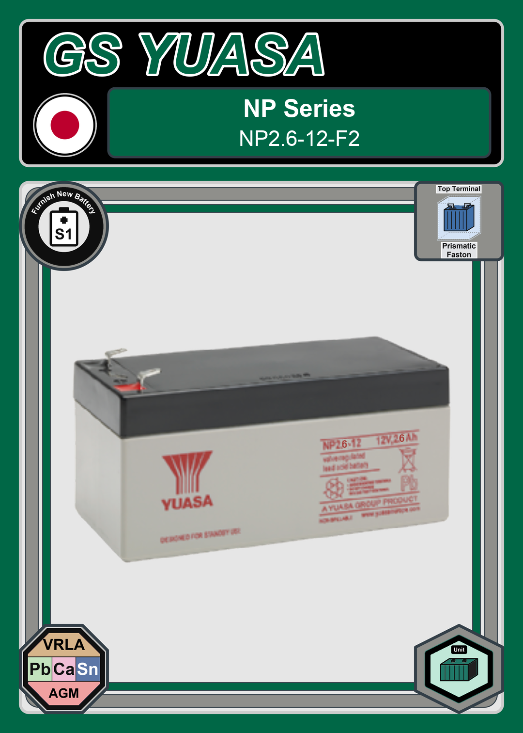 Furnish New Battery GS Yuasa NP Series NP2 6 12 F2
