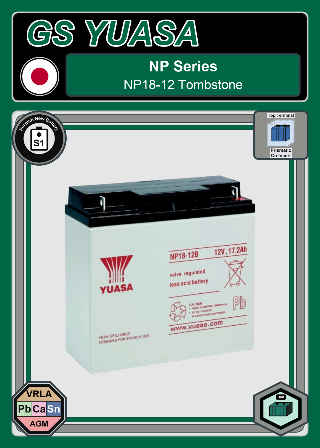 Furnish New Battery GS Yuasa NP Series NP18 12 Tombstone
