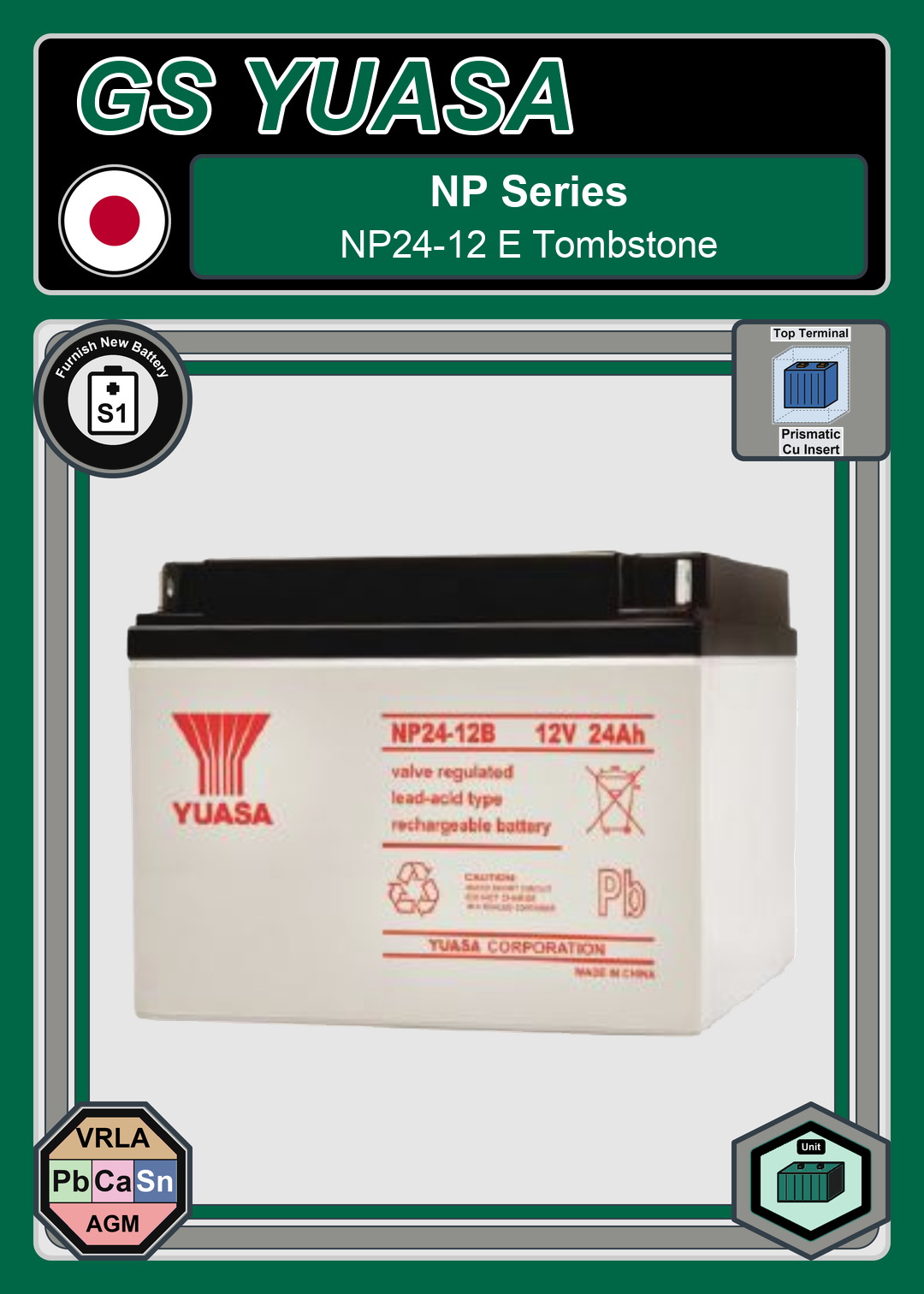 Furnish New Battery GS Yuasa NP Series NP24 12 E Tombstone