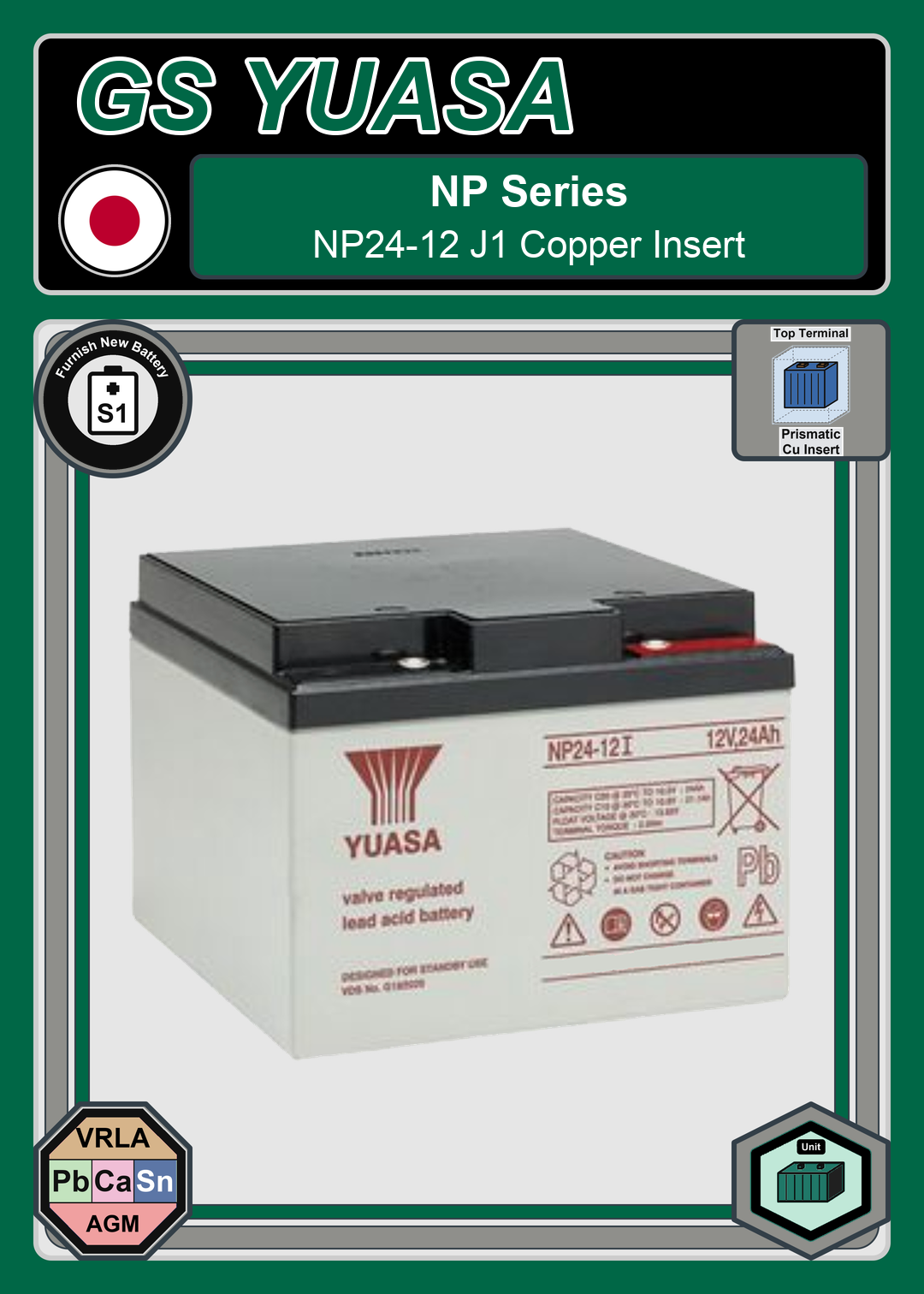 Furnish New Battery GS Yuasa NP Series NP24 12 J1 Copper Insert