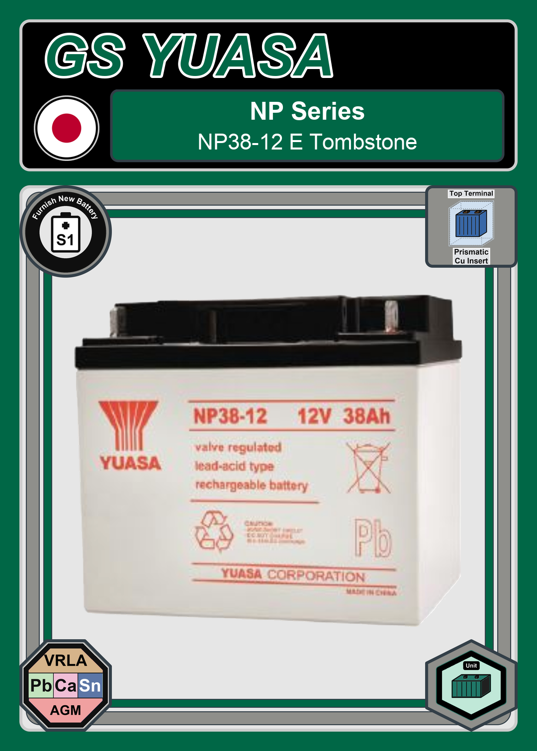 Furnish New Battery GS Yuasa NP Series NP38 12 E Tombstone